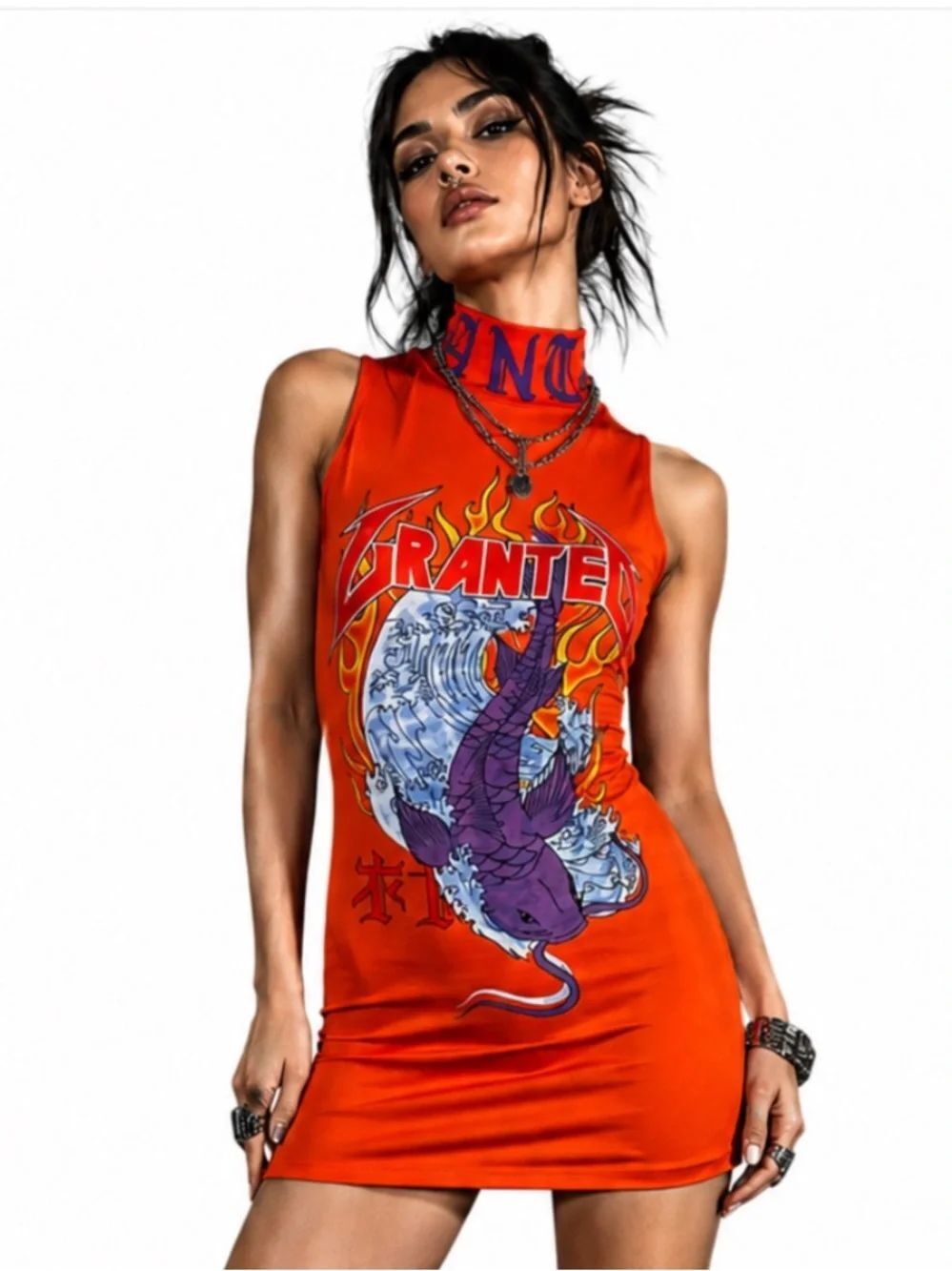 NWT JADED LONDON X GRANTED Sleeveless Graphic Mini Dress in Bright Orange